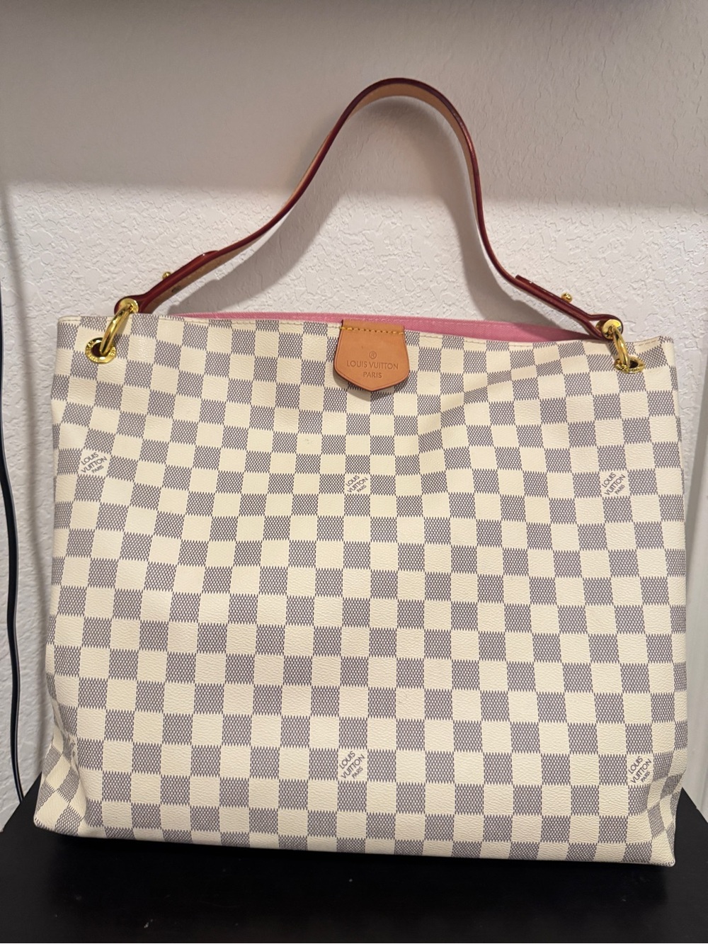 Louis Vuitton Azur Damier Canvas Tote with Pink Trim and Natural Vachetta